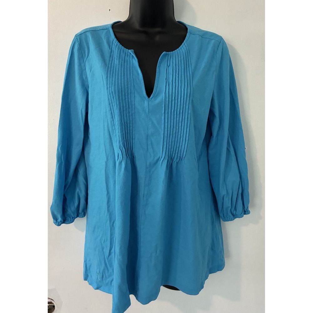 Lilly Pulitzer Blue V Neck Pleated Tunic Large Top Pima Cotton Pullover 2014